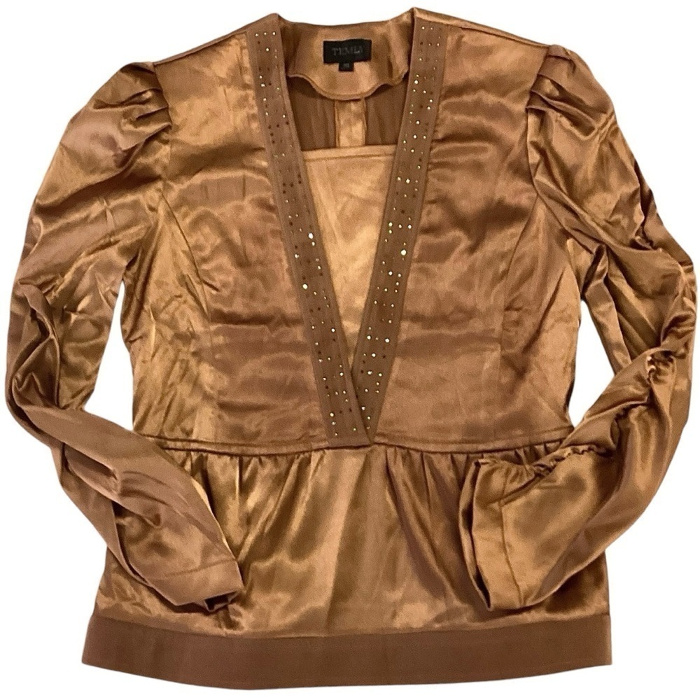 Temly Brown Satin Blouse Long Sleeves Side Zip Studs V-Neck French Size 38 US 6